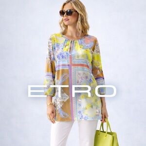 ETRO Milano Paisley Scarf Print Tunic Blouse Keyhole Neck Italy Size 44 US 8